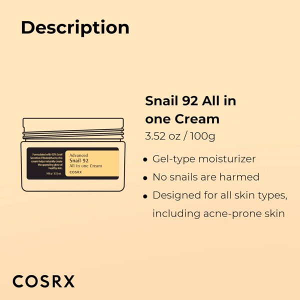 COSRX Snail Mucin 92% Repair Cream, Daily Face Gel Moisturizer for Dry Skin, Acne-prone, Sensitive Skin, Not Tested on Animals, No Parabens, Korean Skin Care (3.52 Fl Oz (Pack of 1))