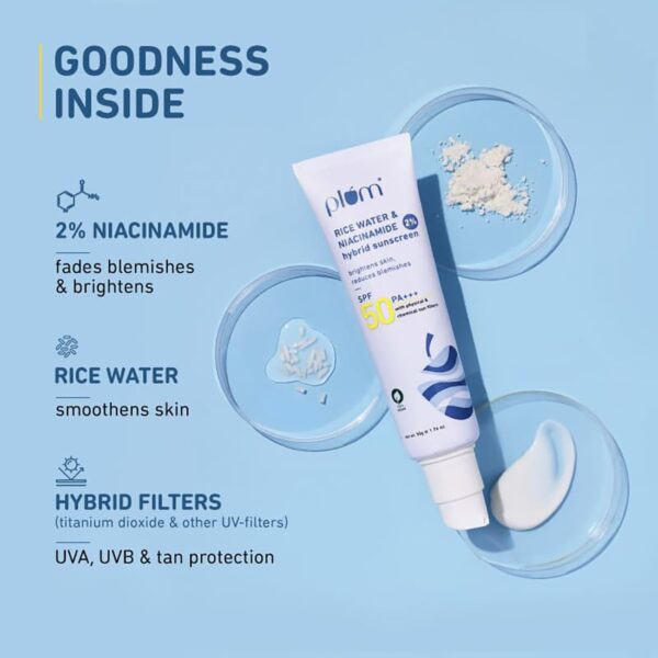 Plum 2% Niacinamide & Rice Water Hybrid Sunscreen - 50g | SPF 50 PA+++