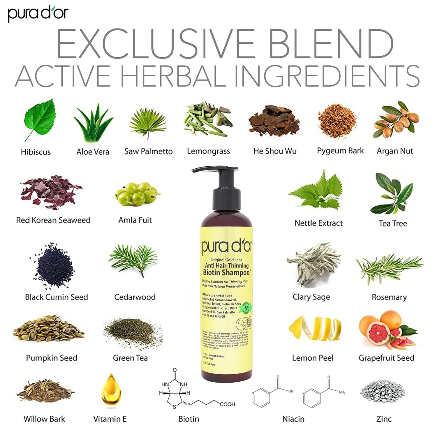 PURA D'OR Original Gold Label Anti-Thinning Biotin Shampoo - 236.6ml