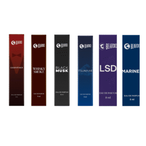 Beardo godfather, whisky smoke, tsunami, mariner, black musk, lsd perfume tester kit