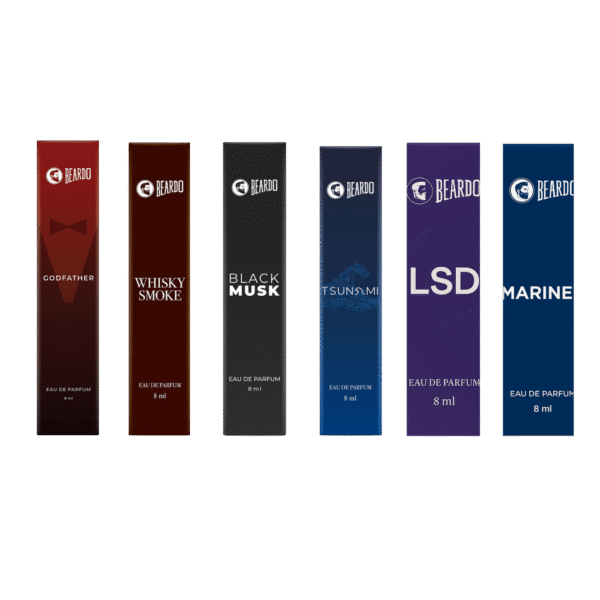 Beardo godfather, whisky smoke, tsunami, mariner, black musk, lsd perfume tester kit