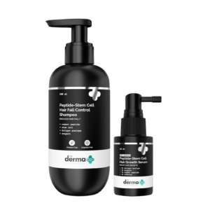 Strengthen your hair care routine with The Derma Co Anti-Hairfall Essentials Duo — a powerful combination of Peptide-Stem Cell Hair Fall Shampoo and 20% Actives Peptide Stem Cell Hair Growth Serum designed to reduce hair fall, minimize breakage, and support healthier hair growth.