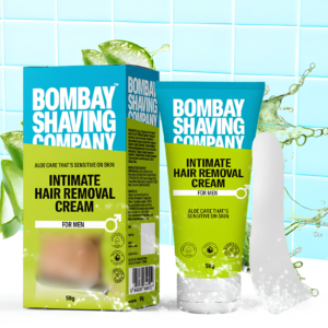 Bombay Shaving Company Intimate Hair Removal Cream tube packaging showcasing painless pubic hair removal design