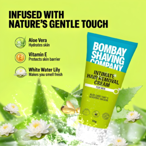 Bombay Shaving Company Intimate Hair Removal Cream tube packaging showcasing painless pubic hair removal design