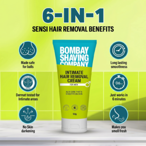 Bombay Shaving Company Intimate Hair Removal Cream tube packaging showcasing painless pubic hair removal design