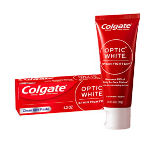 Colgate Optic White Stain Fighter Whitening Toothpaste 119g USA pack tube displaying daily enamel-safe packaging