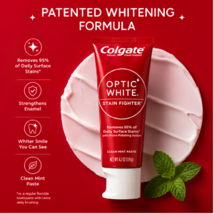 Colgate Optic White Stain Fighter Whitening Toothpaste 119g USA pack tube displaying daily enamel-safe packaging