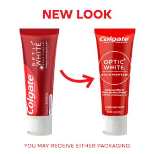 Colgate Optic White Stain Fighter Whitening Toothpaste 119g USA pack tube displaying daily enamel-safe packaging