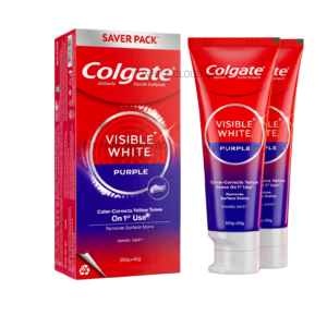 Colgate Visible White Purple Toothpaste 200g plus 40g extra value pack box showcasing instant teeth whitening packaging