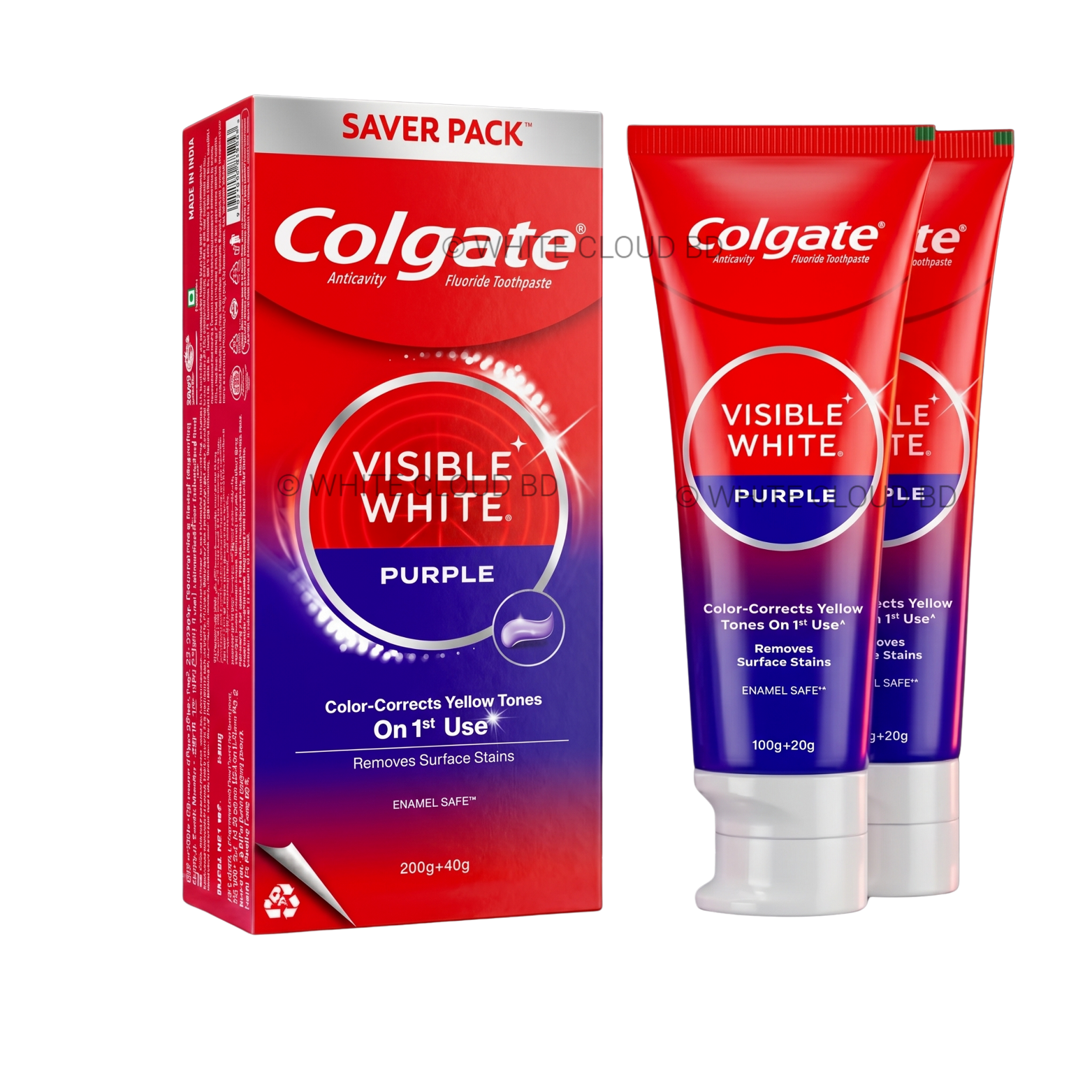 Colgate Visible White Purple Toothpaste 200g plus 40g extra value pack box showcasing instant teeth whitening packaging