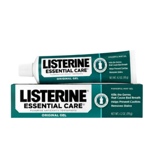 Listerine Essential Care Toothpaste 4.2 oz tube showcasing powerful mint bad breath treatment packaging