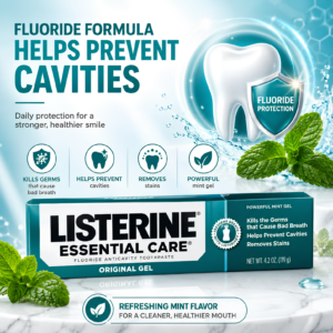 Listerine Essential Care Toothpaste 4.2 oz tube showcasing powerful mint bad breath treatment packaging