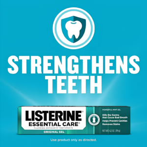 Listerine Essential Care Toothpaste 4.2 oz tube showcasing powerful mint bad breath treatment packaging