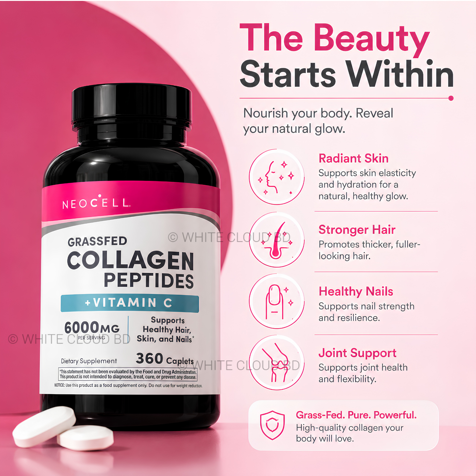 NeoCell Collagen Peptides Pills 360 caplets bottle displaying Super Collagen plus Vitamin C packaging