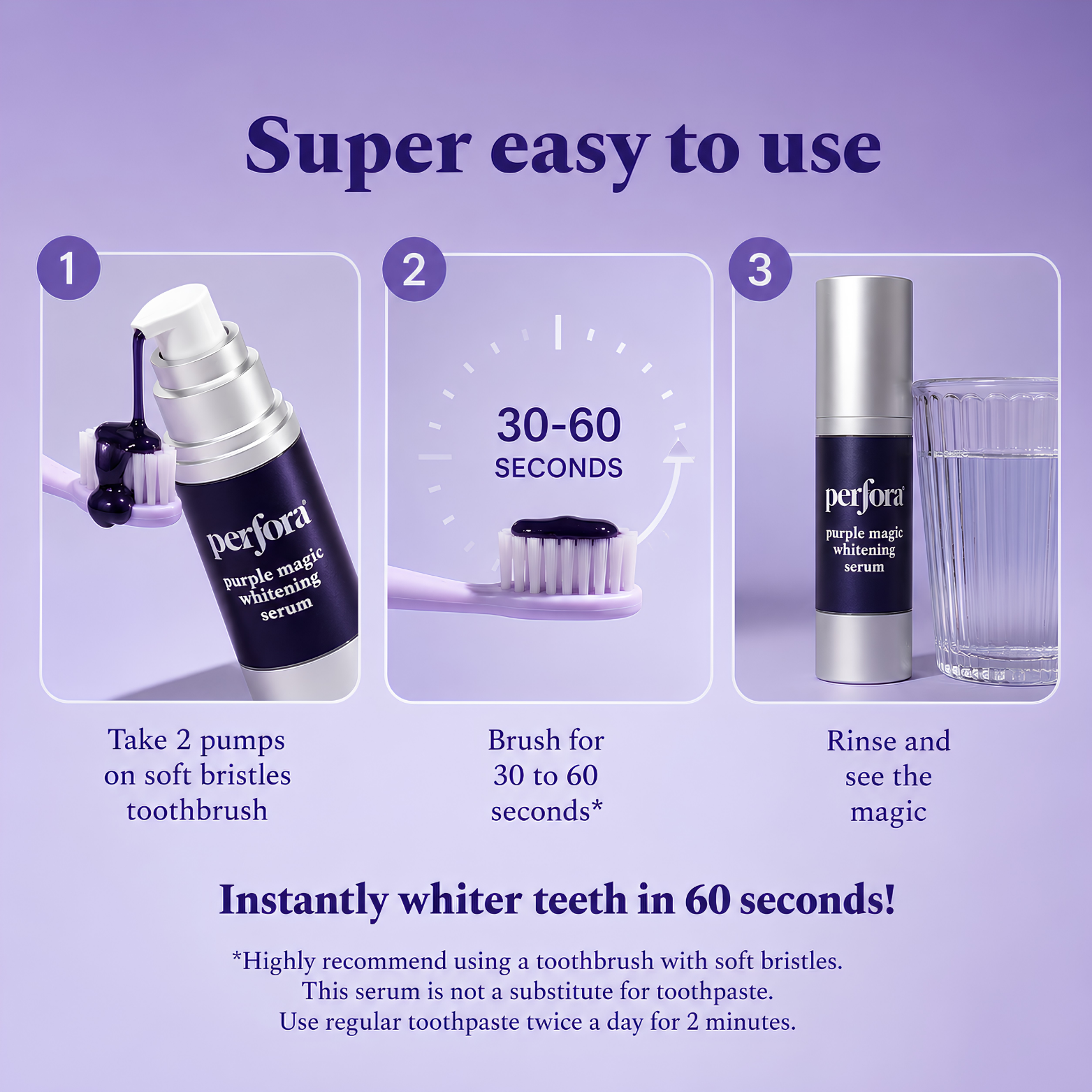 Perfora Purple Teeth Whitening Toothpaste Serum 30ml bottle displaying color corrector purple toothpaste packaging