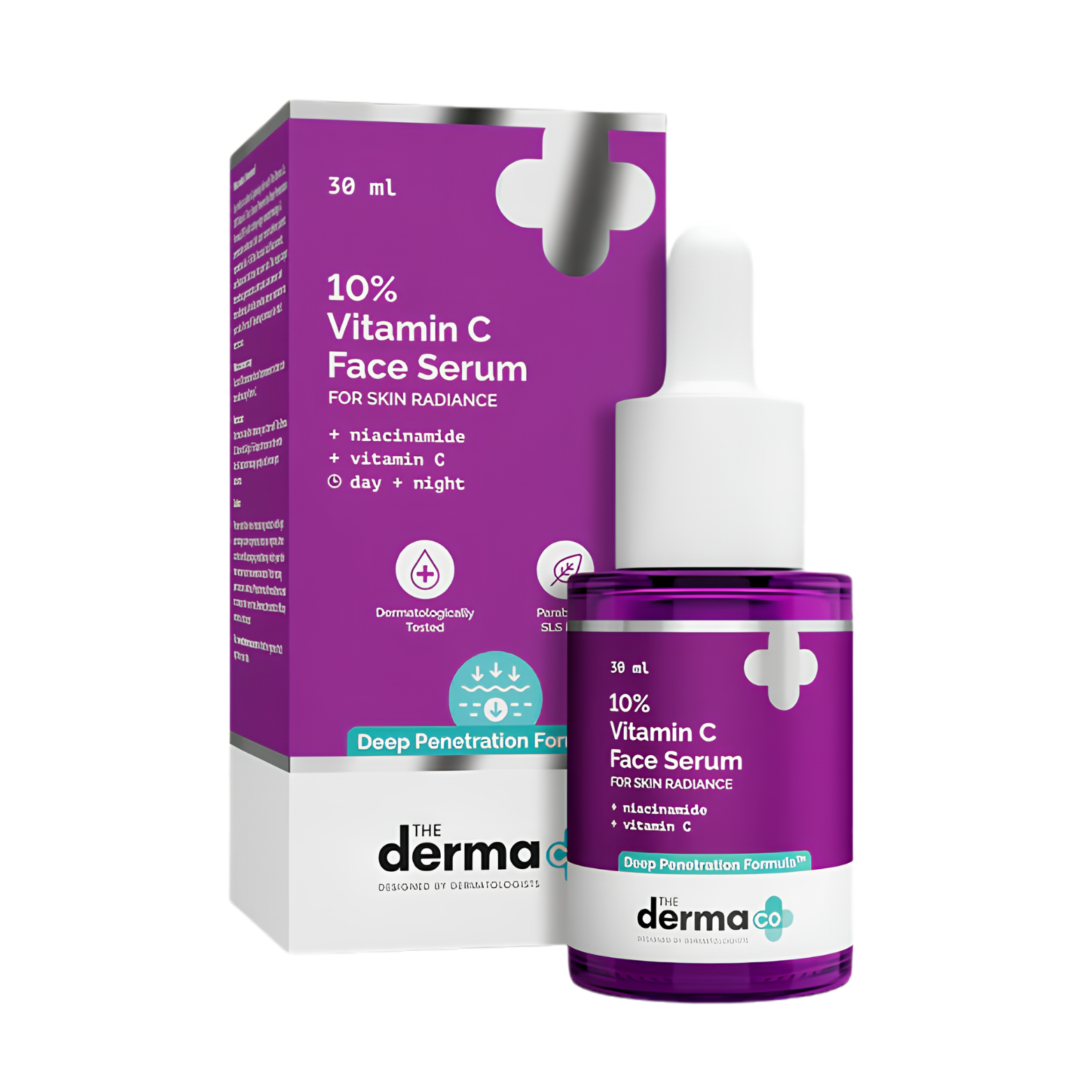 The Derma Co 10% Vitamin C Face Serum 30ml bottle with dropper
