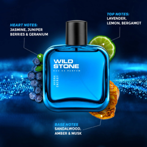 Wild Stone Hydra Energy Premium Perfume glass bottle showcasing luxury fresh aquatic men's fragrance packaging