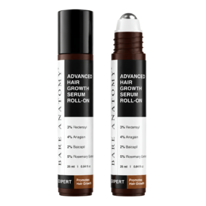 Bare Anatomy Advanced Hair Growth Serum Roll-On 25ml bottle showing premium built-in massage tip hair care packaging layout
