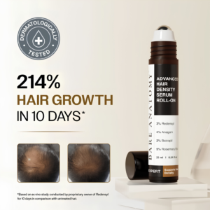 Bare Anatomy Advanced Hair Growth Serum Roll-On 25ml bottle showing premium built-in massage tip hair care packaging layout