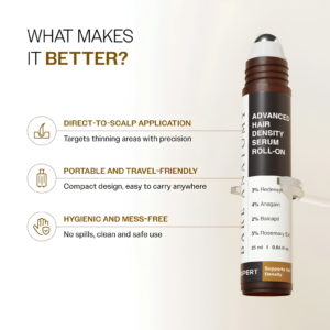 Bare Anatomy Advanced Hair Growth Serum Roll-On 25ml bottle showing premium built-in massage tip hair care packaging layout