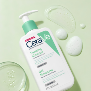 CeraVe Foaming Cleanser 236ml pump bottle for normal to oily skin held in hand showing premium packaging layout