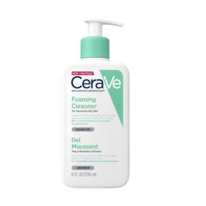 CeraVe Foaming Cleanser 236ml pump bottle for normal to oily skin held in hand showing premium packaging layout