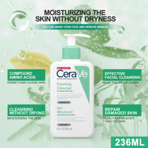 CeraVe Foaming Cleanser 236ml pump bottle for normal to oily skin held in hand showing premium packaging layout