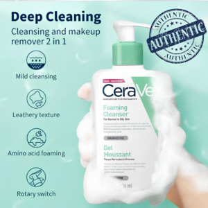CeraVe Foaming Cleanser 236ml pump bottle for normal to oily skin held in hand showing premium packaging layout