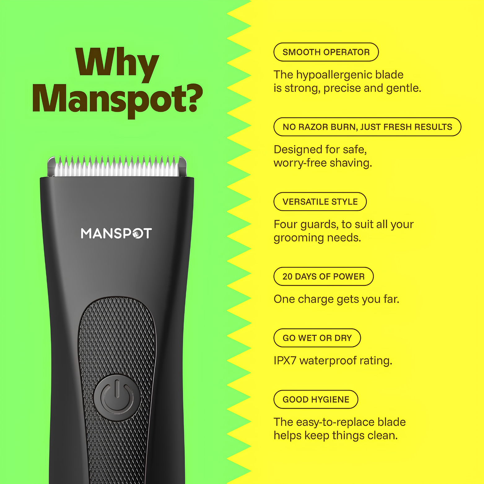 MANSPOT Manscape Groin and Body Hair Trimmer kit with 4 guards and charging cable
