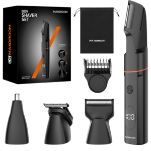 MAXGROOM Manscape Body Hair Trimmer for Men unboxed kit layout highlighting premium multi-head grooming kit packaging