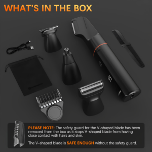 MAXGROOM Manscape Body Hair Trimmer for Men unboxed kit layout highlighting premium multi-head grooming kit packaging