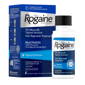Men's Rogaine 5% Minoxidil Topical Solution 2 fl oz box showing premium hair regrowth treatment packaging layout