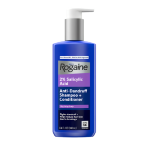 Men's ROGAINE 2 percent Salicylic Acid Anti-Dandruff Shampoo and Conditioner bottle layout