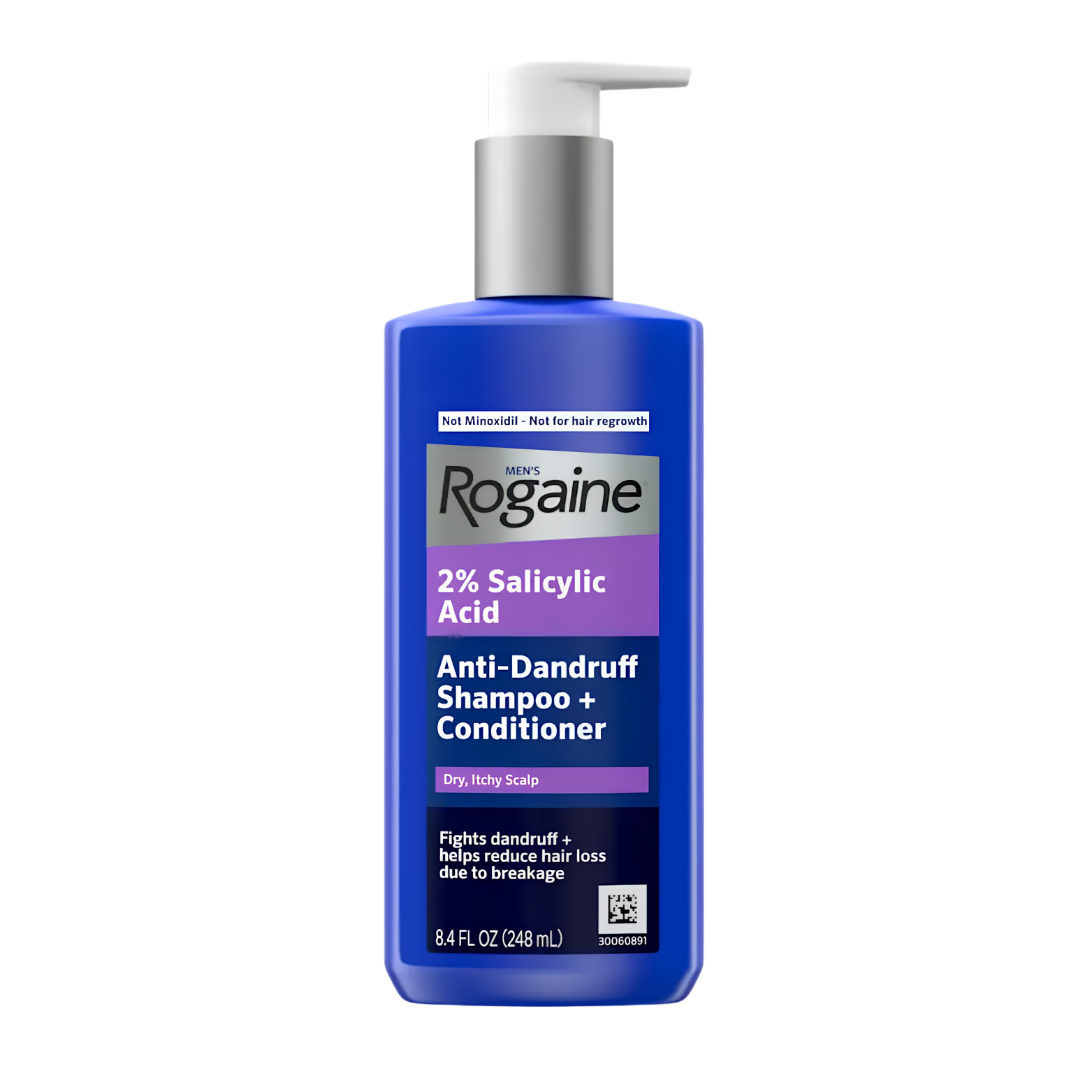 Men's ROGAINE 2 percent Salicylic Acid Anti-Dandruff Shampoo and Conditioner bottle layout