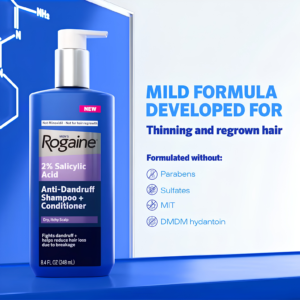 Men's ROGAINE 2 percent Salicylic Acid Anti-Dandruff Shampoo and Conditioner bottle layout
