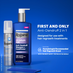 Men's ROGAINE 2 percent Salicylic Acid Anti-Dandruff Shampoo and Conditioner bottle layout