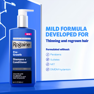 Mens Rogaine Pre-Growth Scalp Buildup Shampoo and Conditioner 248ml bottle layout