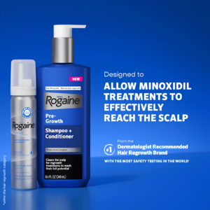 Mens Rogaine Pre-Growth Scalp Buildup Shampoo and Conditioner 248ml bottle layout