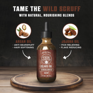 Viking Revolution Beard Oil Sandalwood 30ml bottle layout