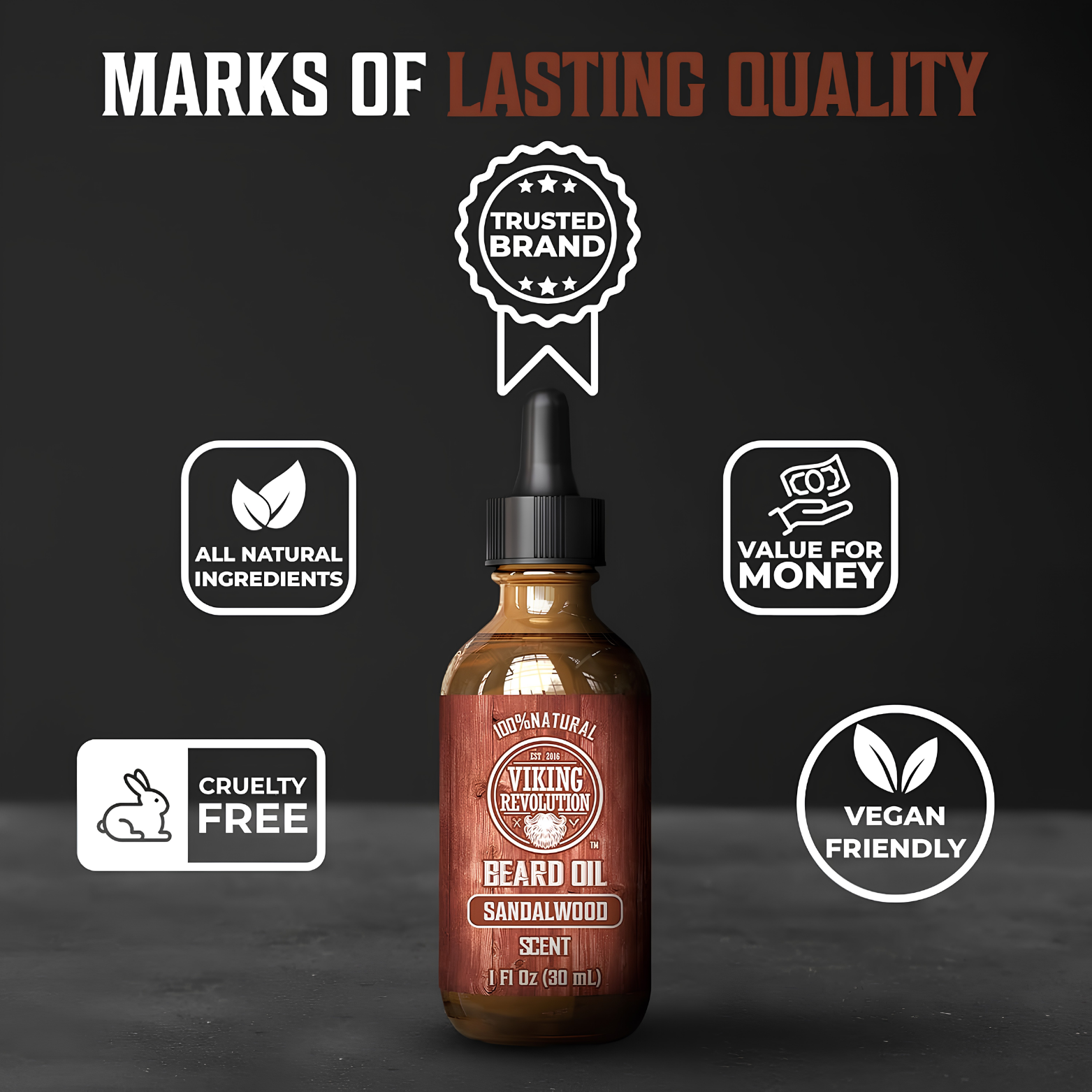 Viking Revolution Beard Oil Sandalwood 30ml bottle layout