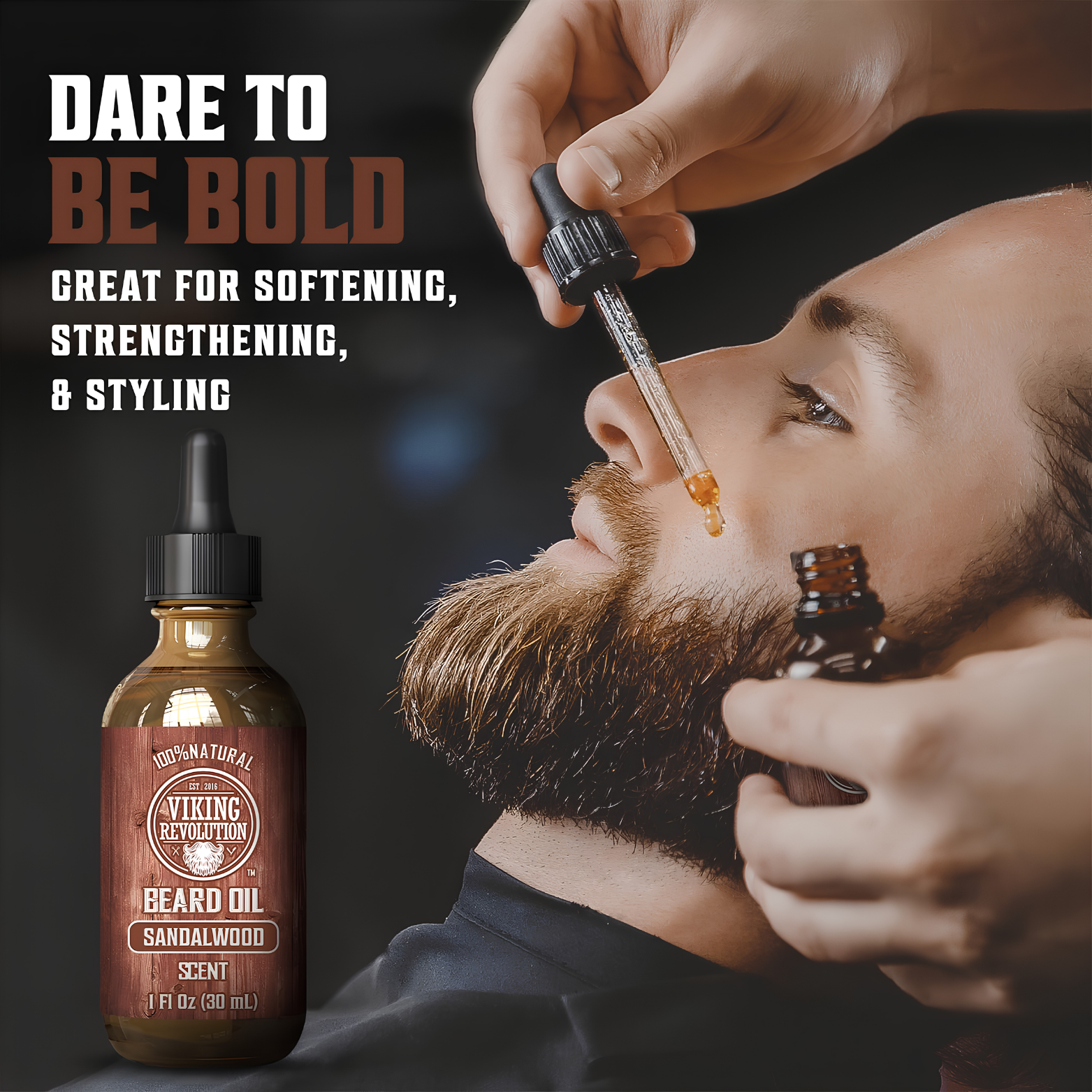 Viking Revolution Beard Oil Sandalwood 30ml bottle layout