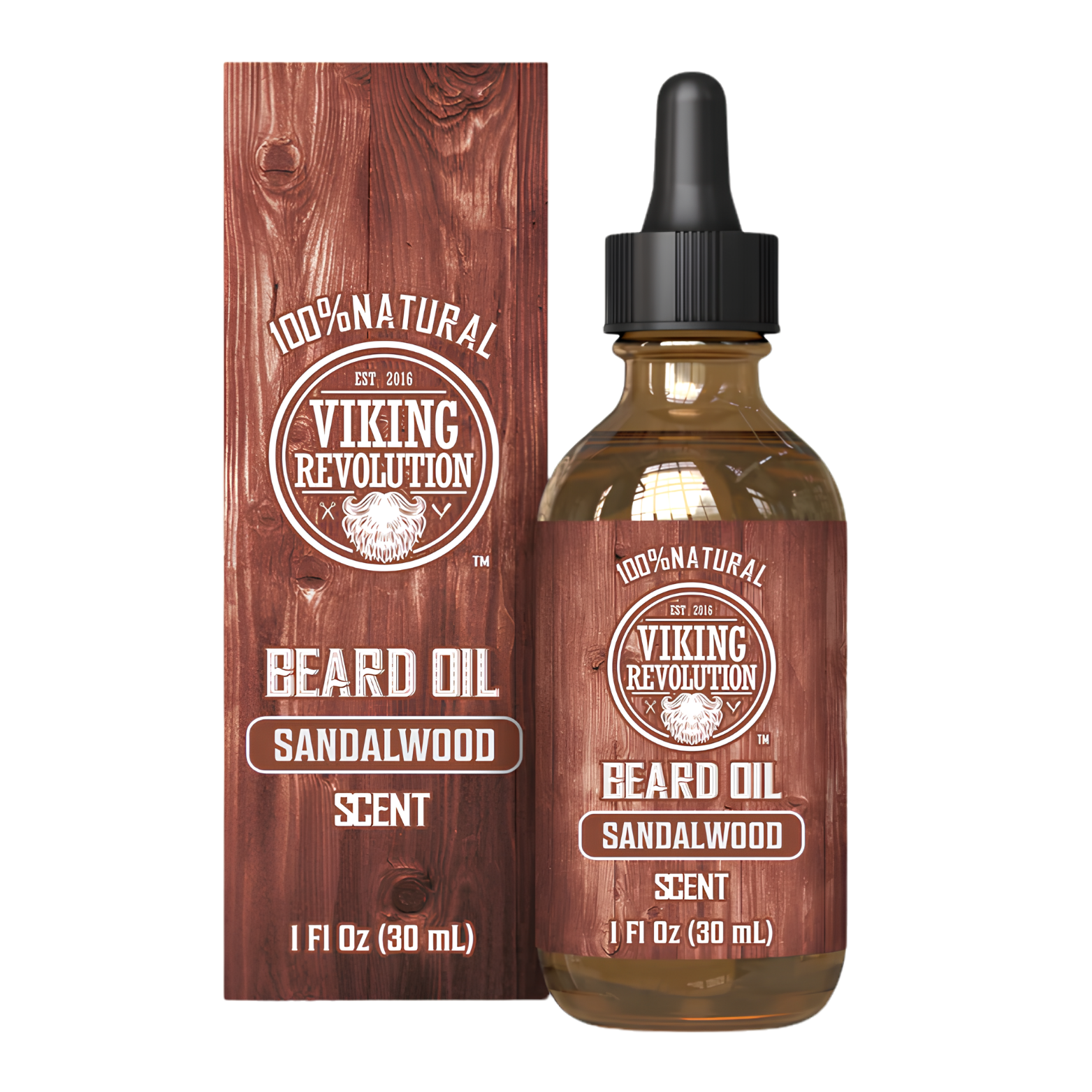 Viking Revolution Beard Oil Sandalwood 30ml bottle layout