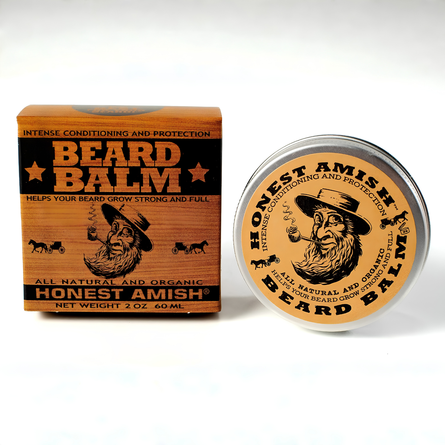 Honest Amish Beard Balm for Men 60g tin packaging layout