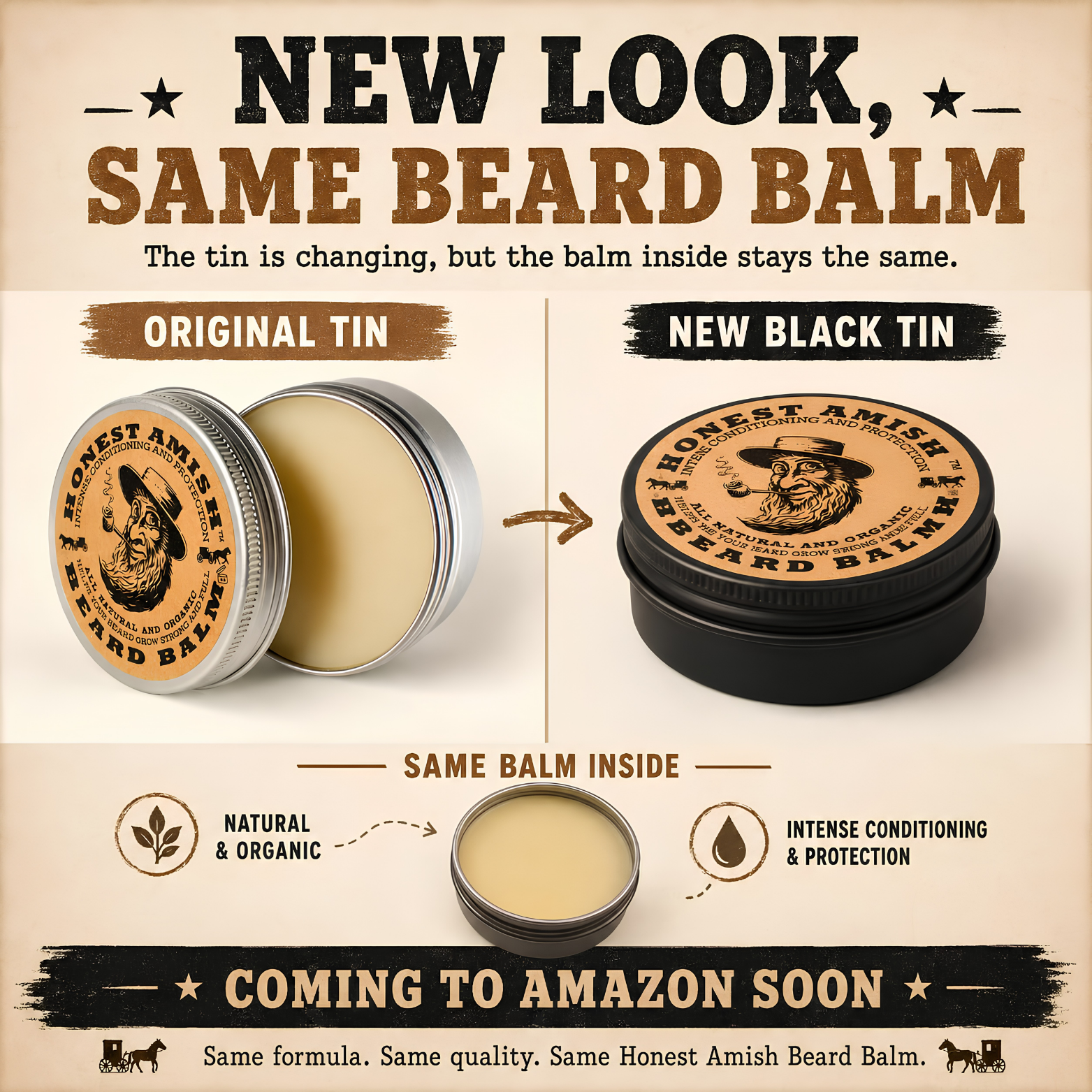 Honest Amish Beard Balm for Men 60g tin packaging layout