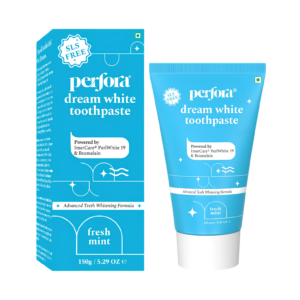 Perfora Dream White Toothpaste Fresh Mint Fluoride and SLS Free 150g box and tube layout