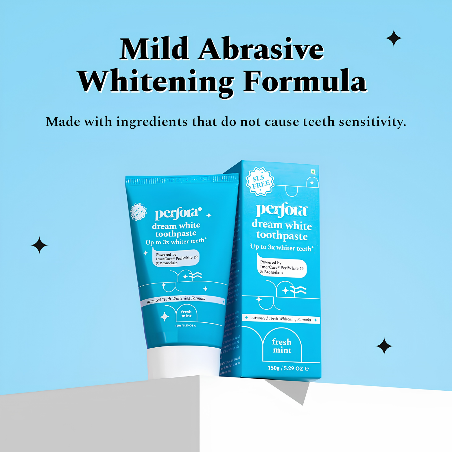 Perfora Dream White Toothpaste Fresh Mint Fluoride and SLS Free 150g box and tube layout