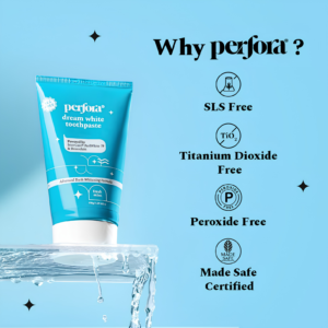 Perfora Dream White Toothpaste Fresh Mint Fluoride and SLS Free 150g box and tube layout