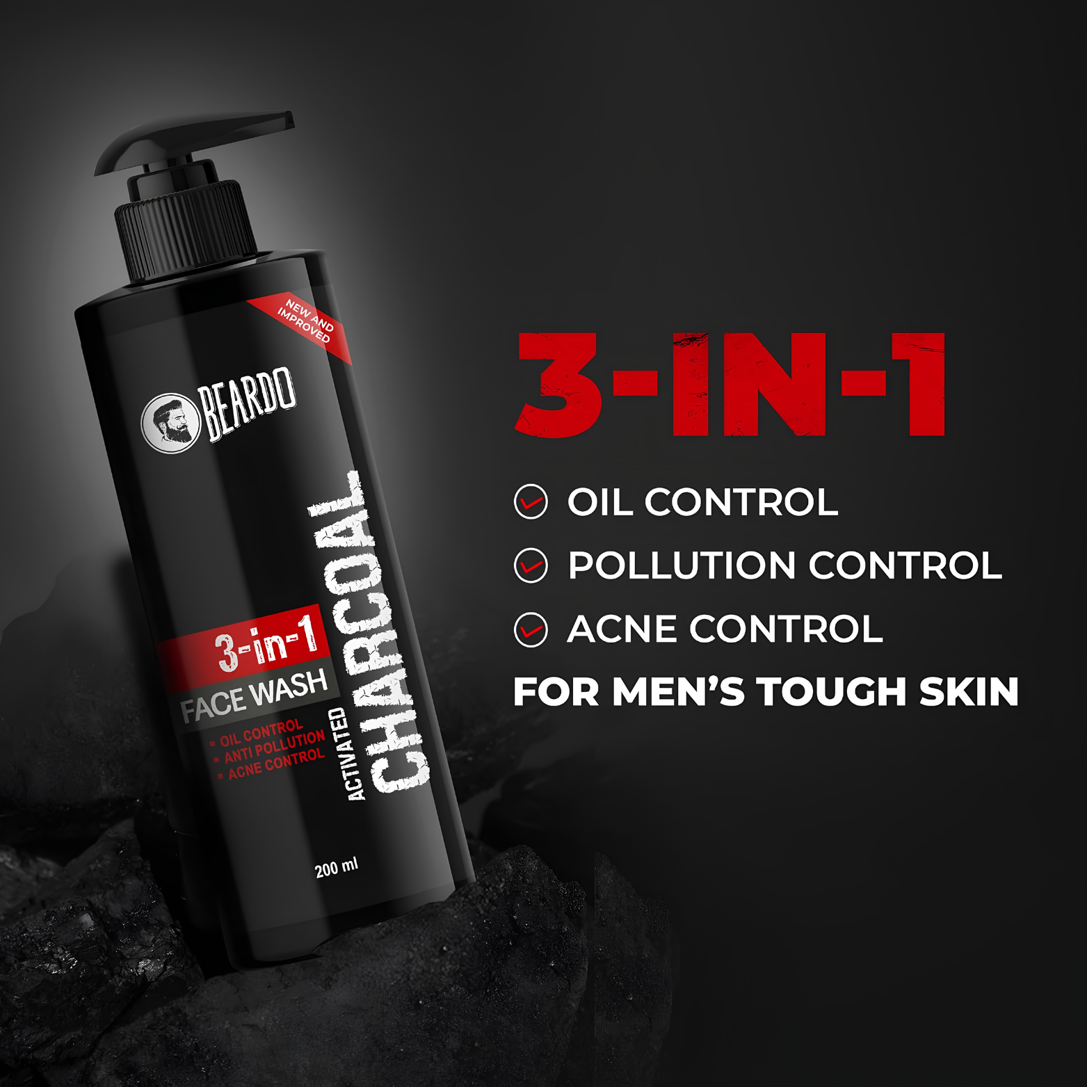 Beardo 3 in 1 Activated Charcoal Face Wash 200ml bottle layout