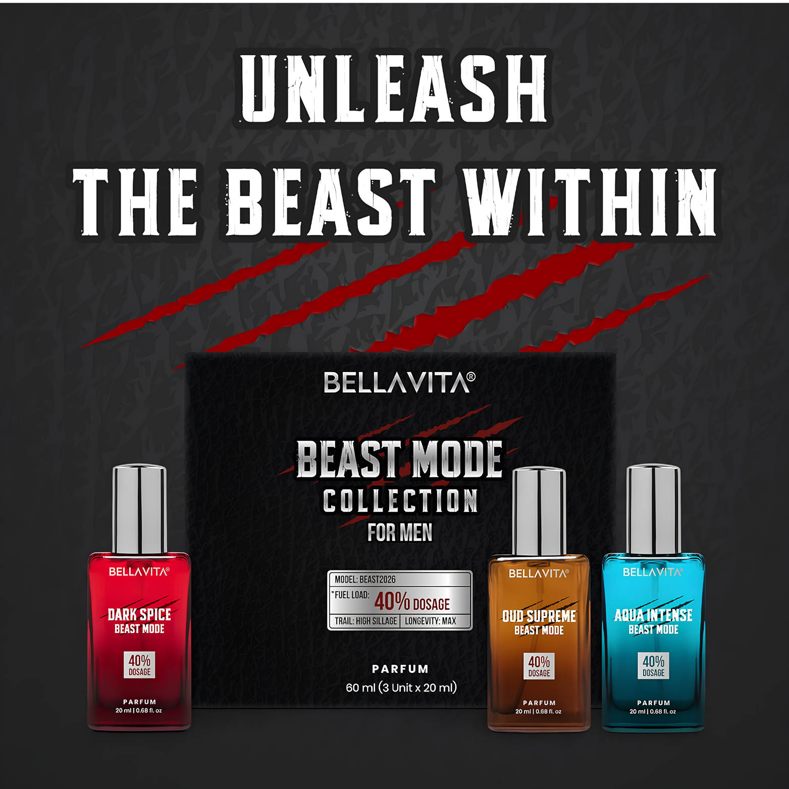 Bella Vita Beast Mode Collection Set for Men 3 x 20ml bottles layout