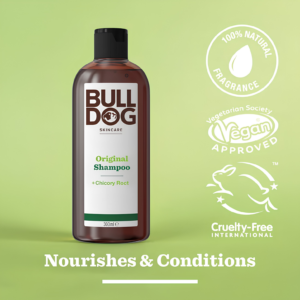 Bulldog Original Shampoo 300ml recycled amber bottle layout
